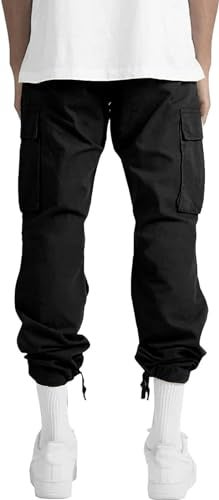 HUNGSON Mens Cargo Pants Drawstring Casual Hiking Pants Joggers Athletic Trousers Cotton Loose Straight Sweatpants for Men Black - Image 4