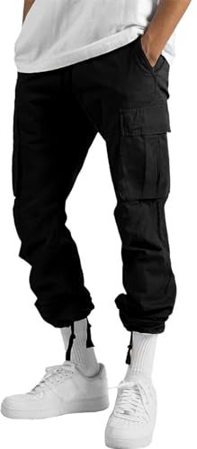 HUNGSON Mens Cargo Pants Drawstring Casual Hiking Pants Joggers Athletic Trousers Cotton Loose Straight Sweatpants for Men Black - Image 3
