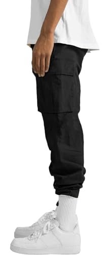 HUNGSON Mens Cargo Pants Drawstring Casual Hiking Pants Joggers Athletic Trousers Cotton Loose Straight Sweatpants for Men Black - Image 2