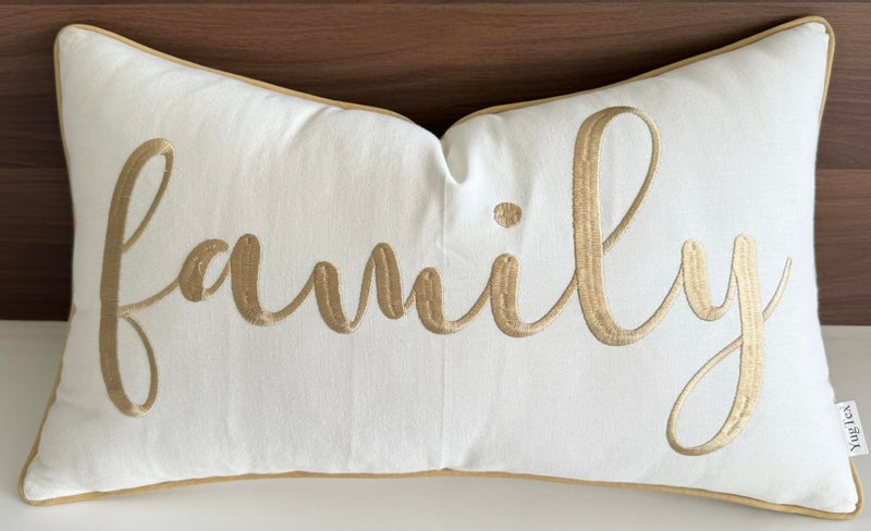 YugTex Family Embroidered Decorative Lumbar Accent Throw Pillow Cover - 12x20 Inches, Ivory-Beige - Image 1
