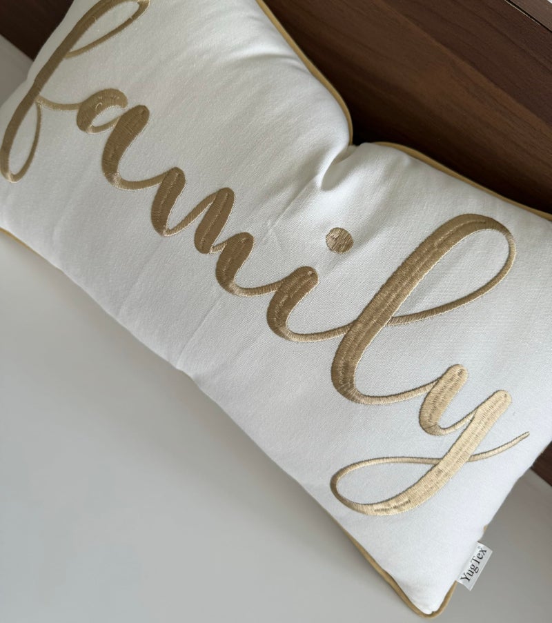 YugTex Family Embroidered Decorative Lumbar Accent Throw Pillow Cover - 12x20 Inches, Ivory-Beige - Image 4