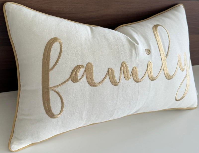 YugTex Family Embroidered Decorative Lumbar Accent Throw Pillow Cover - 12x20 Inches, Ivory-Beige - Image 3