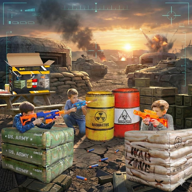 NINOSTAR Package 4 Combat Battlefield Inflatables, Compatible with Nerf, Laser tag, Water Gun for Boys Birthday Party Activities and Decoration. [Premium Pack] - Image 4