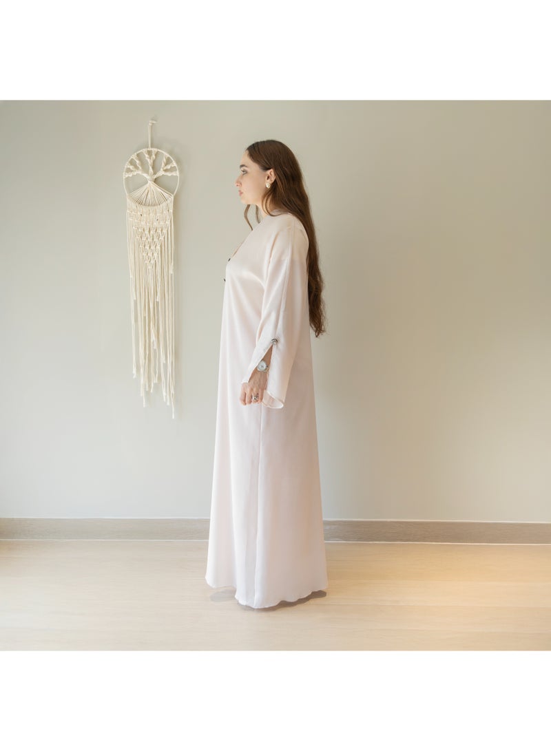 Linelle Luxury Soft Pink Abaya for Women – Elegant Front Open Style with Decorative Button Detailed Sleeves and Neck, Modest Daily & Occasion Wear - Image 5