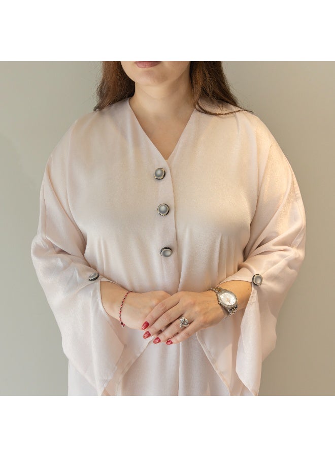 Linelle Luxury Soft Pink Abaya for Women – Elegant Front Open Style with Decorative Button Detailed Sleeves and Neck, Modest Daily & Occasion Wear - Image 2