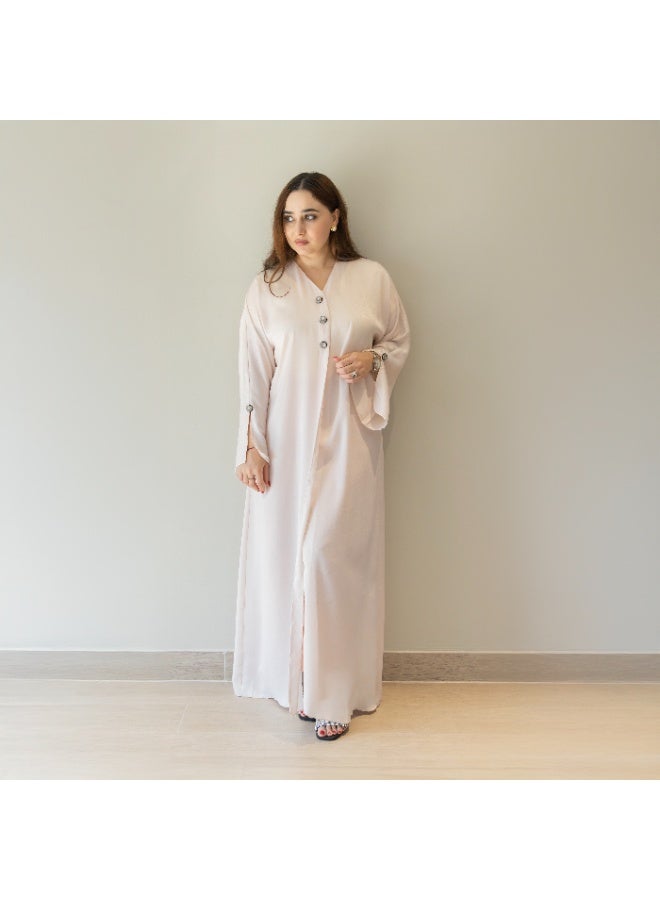 Linelle Luxury Soft Pink Abaya for Women – Elegant Front Open Style with Decorative Button Detailed Sleeves and Neck, Modest Daily & Occasion Wear - Image 4
