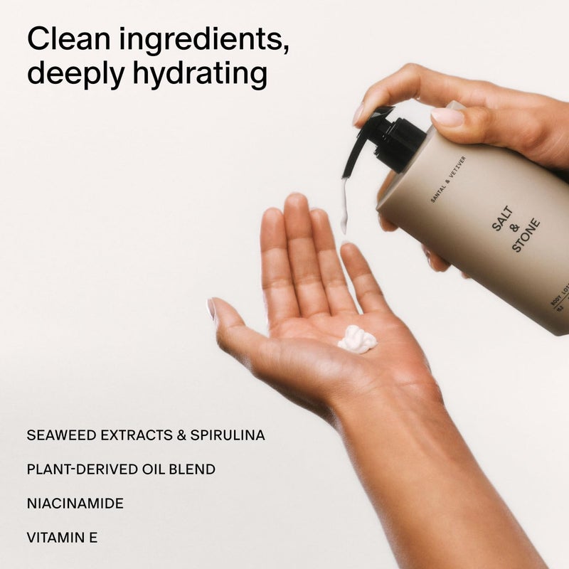 Salt & Stone لوشن الجسم من سولت آند ستون للنساء والرجال | يرطب، يغذي وينعم البشرة | يستعيد البشرة الجافة | سريع الامتصاص | خالي من القسوة ونباتي (زعفران وأرز - 15.2 أونصة سائلة) - Image 1