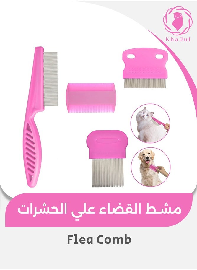 KHAJUL 4-Piece Flea Comb, Stainless Steel Lice Combs with Rounded Teeth, Double Sided (Pink)  - Image 1