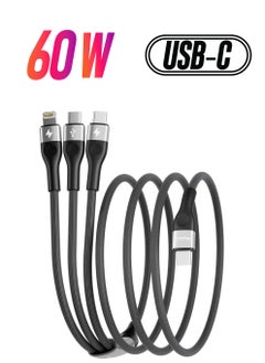 Mezone 3 in 1 Multi Charging Cable, 60W Nylon Braided USB C to USB C + USB C & Lightning Cable, Fast Charging Data Transfer Cord for iPhone 15/14/13/12/11/8/iPad Pro, Samsung Series 1.5M - Black  - Image 1