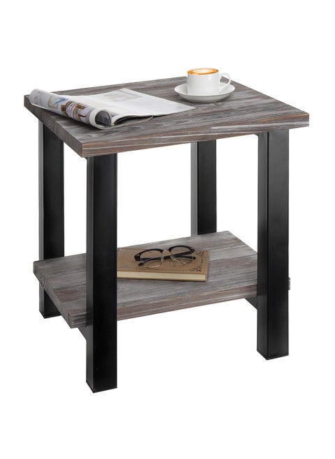 INDIAN DECOR 45432 Rustic Torched MDF Wood Black Metal 19Inch Square End Table with Storage Shelf