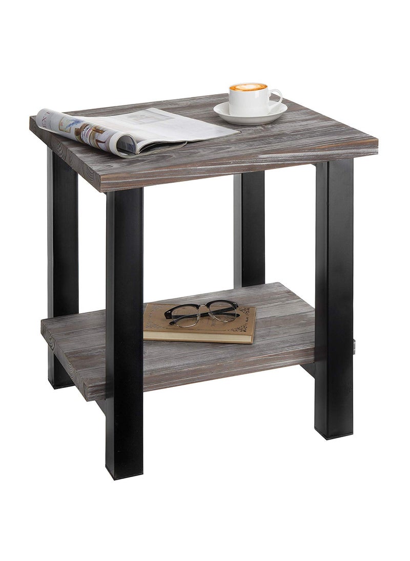 INDIAN DECOR 45432 Rustic Torched MDF Wood Black Metal 19Inch Square End Table with Storage Shelf