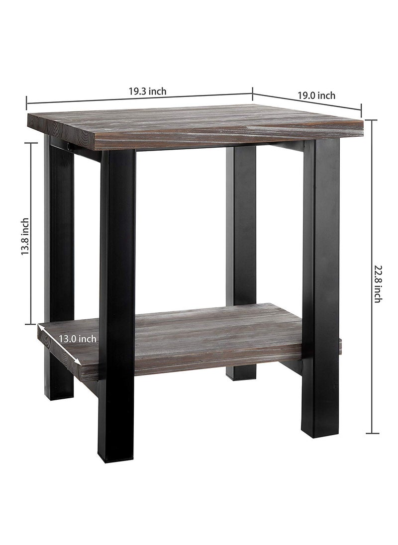 INDIAN DECOR 45432 Rustic Torched MDF Wood Black Metal 19Inch Square End Table with Storage Shelf