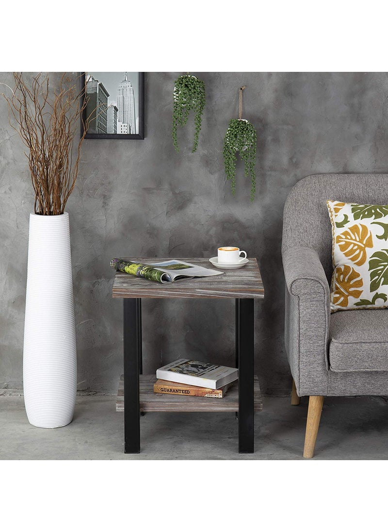 INDIAN DECOR 45432 Rustic Torched MDF Wood Black Metal 19Inch Square End Table with Storage Shelf
