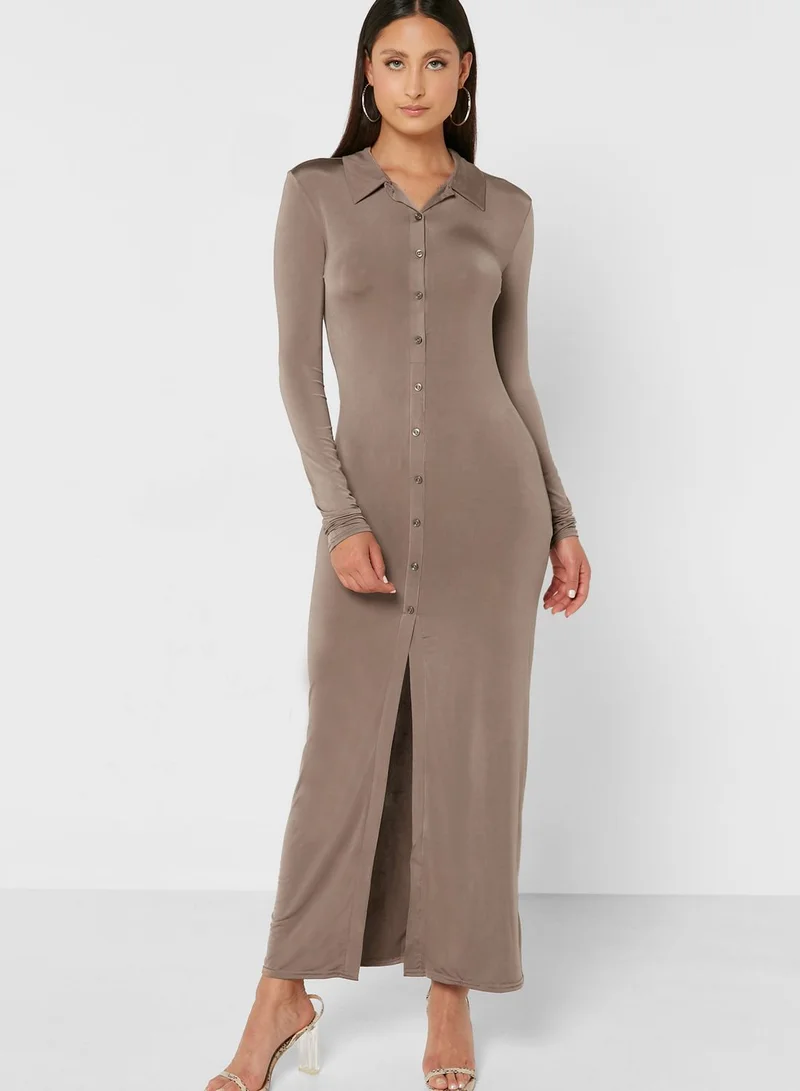 river island knitted dress River Island Long Sleeve Rib Knit Dress In Beige - 40% Off