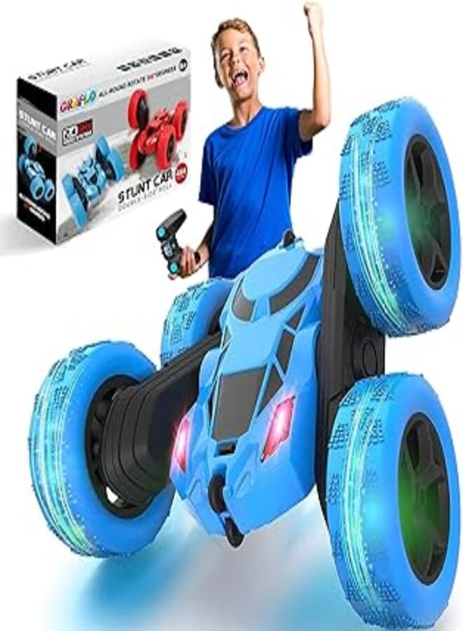 GRAFLO Remote Control Car For Kids, Double Sided 360°Rotating 4WD RC Car with Headlights, 2.4GHz Electric Race Stunt Toys Car Off-Road - Stunt Drifting Car Rechargeable - Toys For Kids (BLUE) 3+ Years