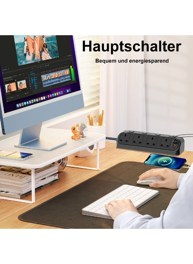 مقبس متعدد الوظائف 8 في 1 وفقًا للمعايير البريطانية، مزود بمفاتيح تحكم مستقلة لـ 2PD بقدرة 20 واط (USB-C و2 USB-A)، ومقبس مكتبي بقدرة 13 أمبير/3250 واط، مزود بسلك تمديد بطول 1.8 متر - Image 3