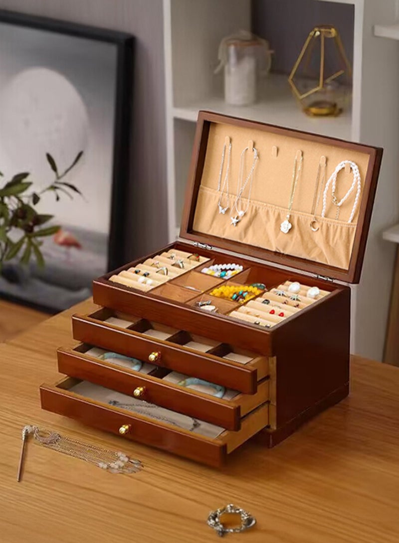 شو وو صندوق مجوهرات خشبي فاخر متين من 4 طبقات، حقيبة تخزين متعددة الوظائف بمساحة كبيرة، حقيبة مجوهرات عتيقة، رف عرض مجوهرات مع صينية مقسّمة، 3 أدراج، مقبض نحاسي - Image 1