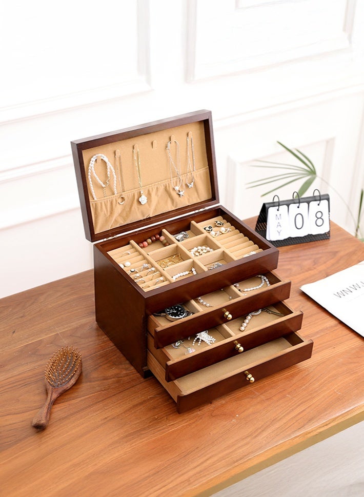 شو وو صندوق مجوهرات خشبي فاخر متين من 4 طبقات، حقيبة تخزين متعددة الوظائف بمساحة كبيرة، حقيبة مجوهرات عتيقة، رف عرض مجوهرات مع صينية مقسّمة، 3 أدراج، مقبض نحاسي - Image 5