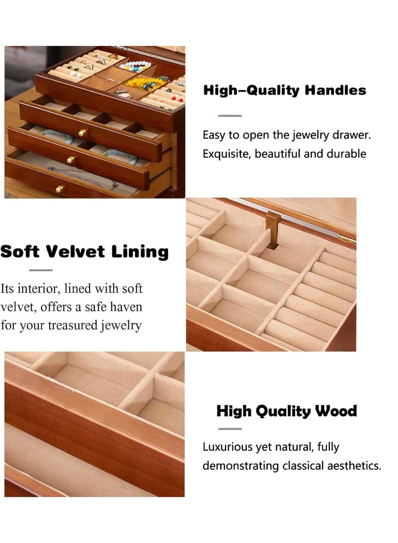 شو وو صندوق مجوهرات خشبي فاخر متين من 4 طبقات، حقيبة تخزين متعددة الوظائف بمساحة كبيرة، حقيبة مجوهرات عتيقة، رف عرض مجوهرات مع صينية مقسّمة، 3 أدراج، مقبض نحاسي - Image 4