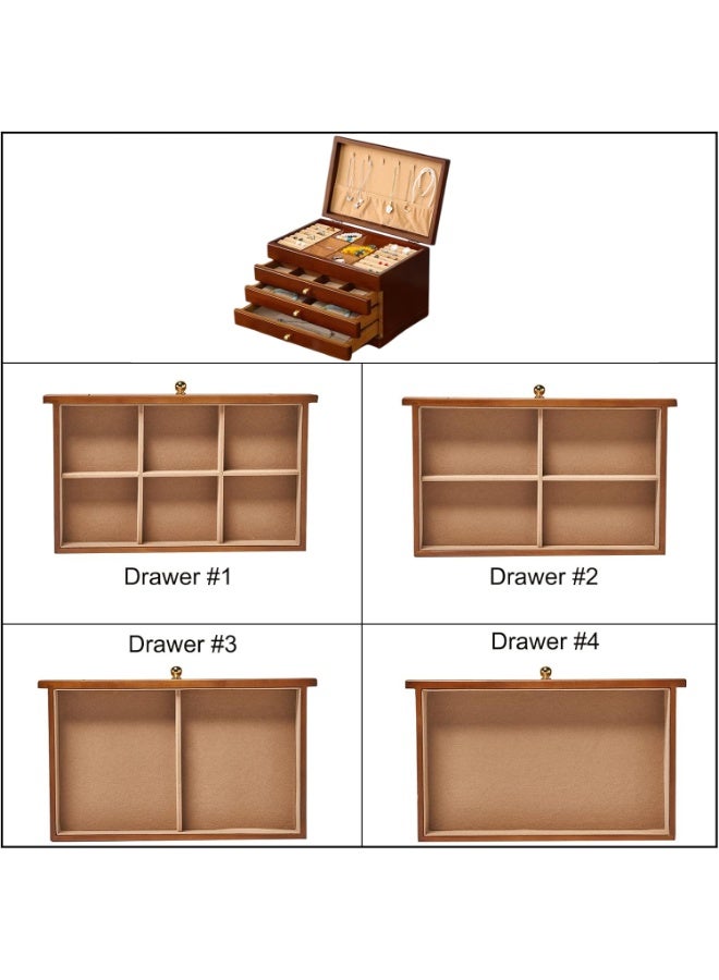 شو وو صندوق مجوهرات خشبي فاخر متين من 4 طبقات، حقيبة تخزين متعددة الوظائف بمساحة كبيرة، حقيبة مجوهرات عتيقة، رف عرض مجوهرات مع صينية مقسّمة، 3 أدراج، مقبض نحاسي - Image 3