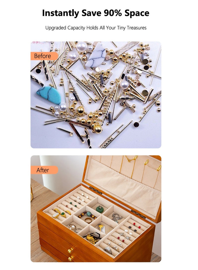 شو وو صندوق مجوهرات خشبي فاخر متين من 4 طبقات، حقيبة تخزين متعددة الوظائف بمساحة كبيرة، حقيبة مجوهرات عتيقة، رف عرض مجوهرات مع صينية مقسّمة، 3 أدراج، مقبض نحاسي - Image 2