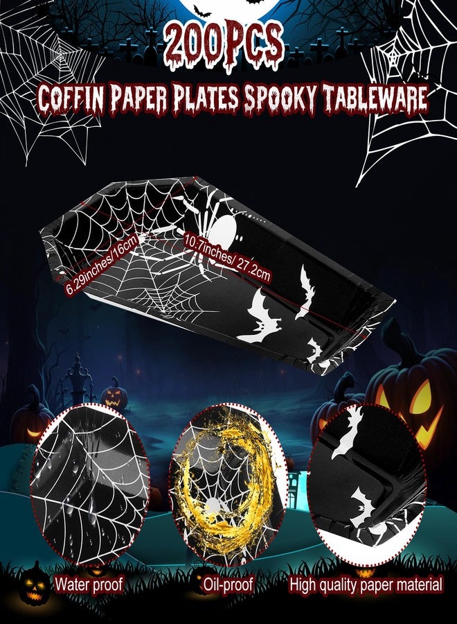 Hsei 200 Pcs Halloween Paper Plates Coffin Paper Plates Spooky Tableware Halloween Coffin Snack Tray Plate Party Supplies Disposable for Appetizer Lunch Dinner Dessert(Spider Style) - Image 3