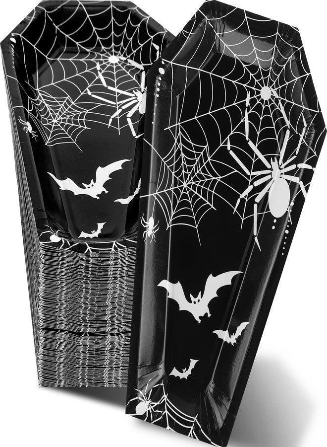 Hsei 200 Pcs Halloween Paper Plates Coffin Paper Plates Spooky Tableware Halloween Coffin Snack Tray Plate Party Supplies Disposable for Appetizer Lunch Dinner Dessert(Spider Style) - Image 1