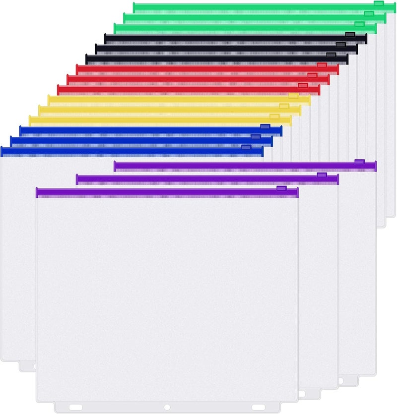 Antner 18PCS Letter Size Binder Pockets for 3 Ring Binder, 3 Holes Zipper Binder Pouch Insert Pages Sheet Protectors Loose Leaf Bags Waterproof PVC Document Folders Filling Bags, 6 Colors Zipper - Image 1