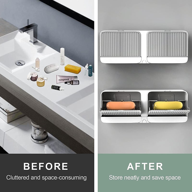 Zomify No-Drilling Clamshell Soap Box Wall-Mounted with Cover Double Grid-Asphalt Toilet Laundry Soap New Box Soap Box(Plastic, White) - Image 2