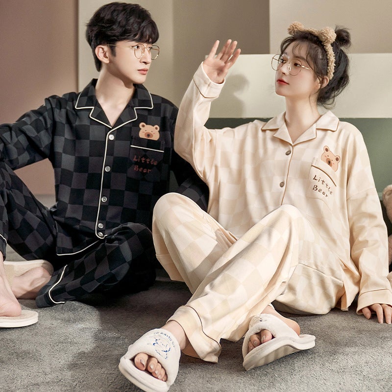 A Man And A Woman Long Sleeve Pajamas Couple Cardigan Imitation Cotton Cartoon Home Clothes Suit - Image 2