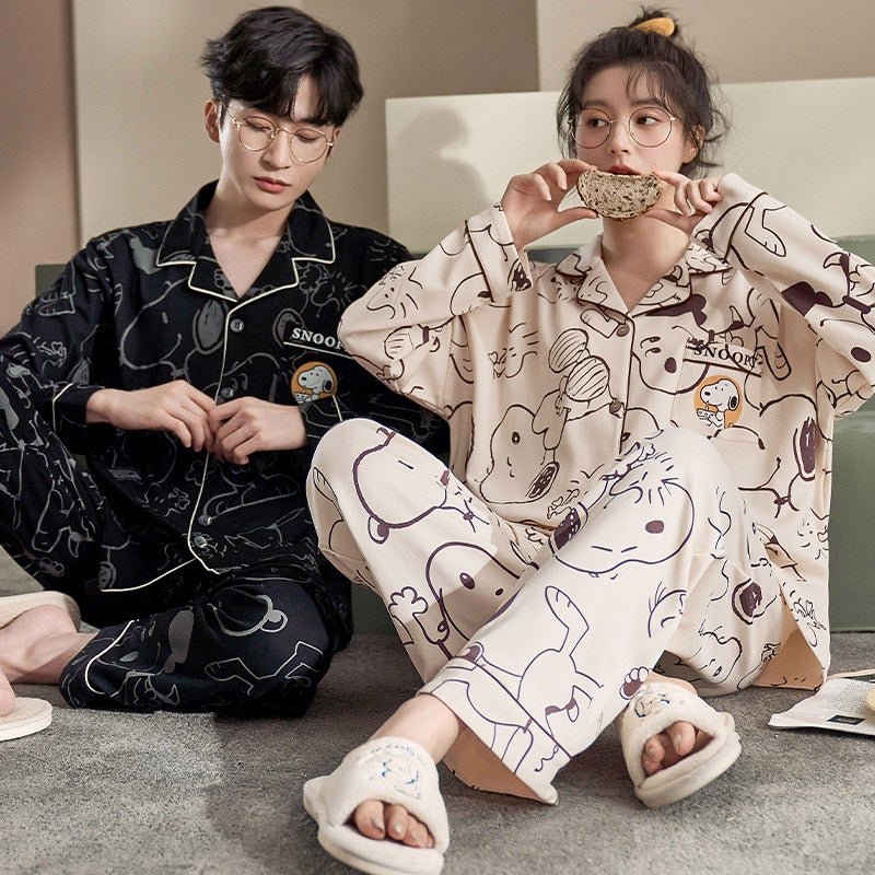 A Man And A Woman Long Sleeve Pajamas Couple Cardigan Imitation Cotton Cartoon Home Clothes Suit - Image 3