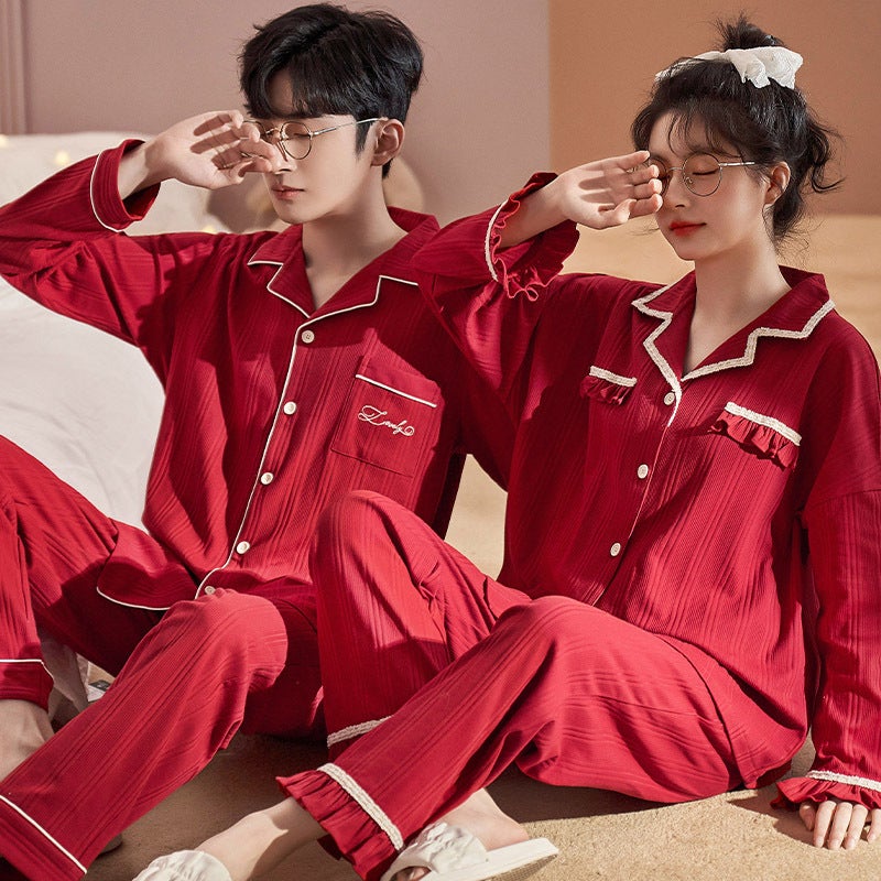 A Man And A Woman Long Sleeve Pajamas Couple Cardigan Imitation Cotton Cartoon Home Clothes Suit - Image 5