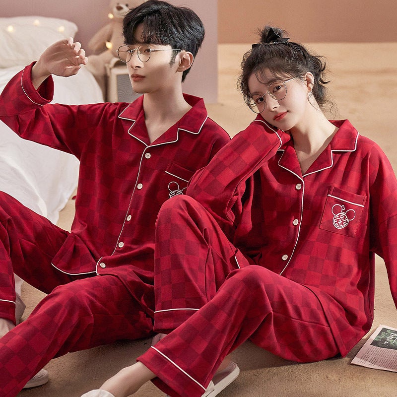 A Man And A Woman Long Sleeve Pajamas Couple Cardigan Imitation Cotton Cartoon Home Clothes Suit - Image 1