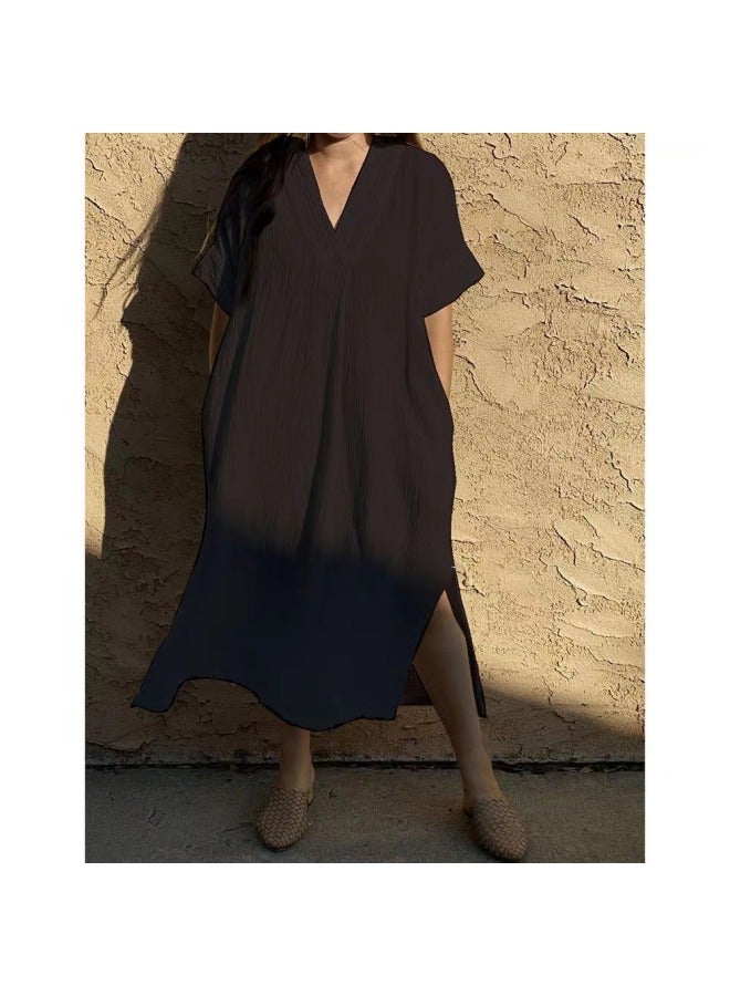 Women's Wrinkle Cotton Ry Cotton Solid Color Minimized Home Clothes Dress Beach Blouse Sunscreen Shirt-Color:Black-  - Image 2