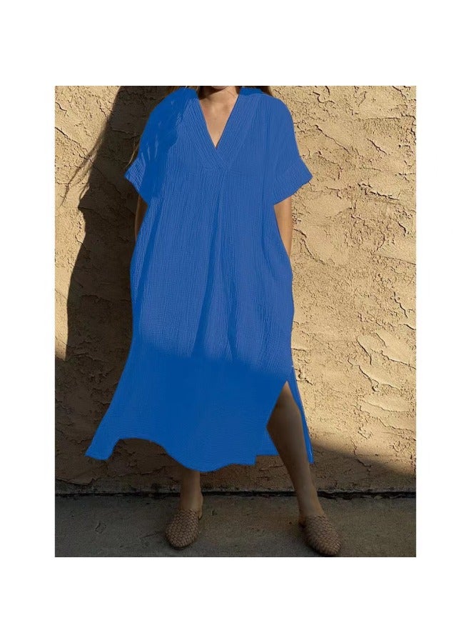Women's Wrinkle Cotton Ry Cotton Solid Color Minimized Home Clothes Dress Beach Blouse Sunscreen Shirt-Color:Black-  - Image 3