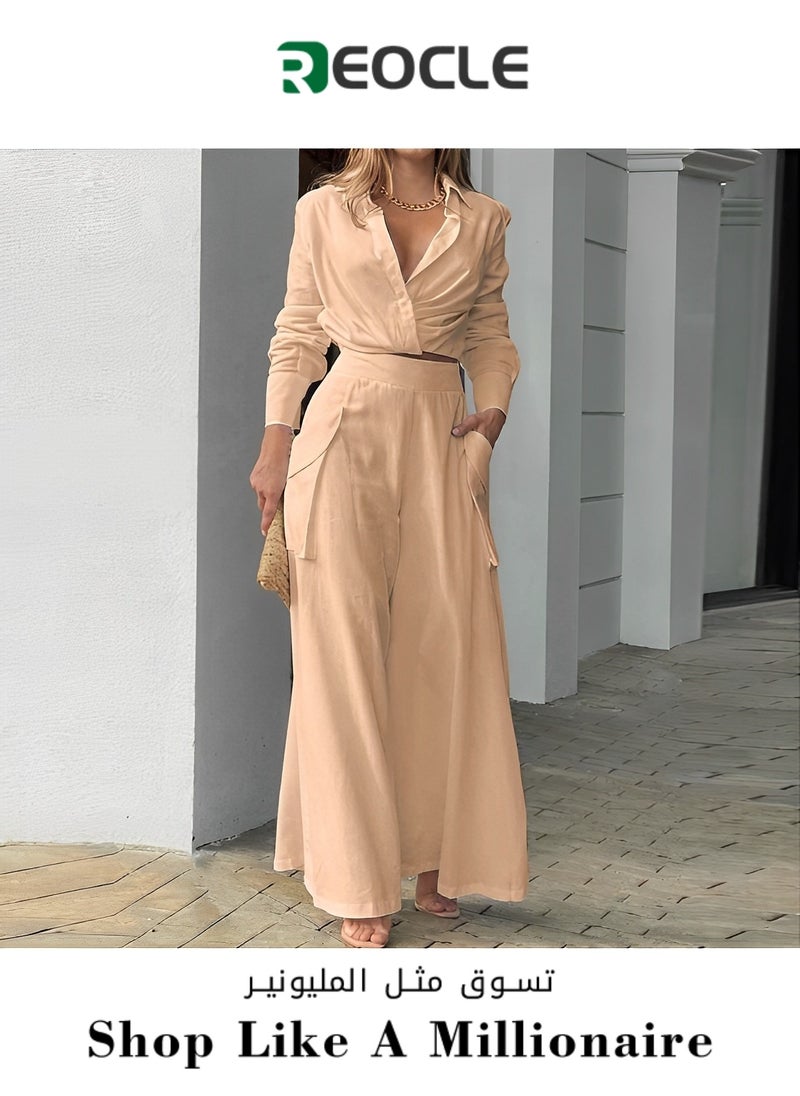 REOCLE Spring and Autumn Women's Casual Two-piece Solid Color Temperament Commuting Loose Pocket Fashion Casual Suit Slim Waist  - Image 1