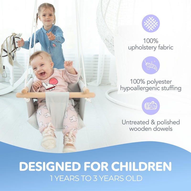 CaTeam - Canvas Baby Swing, Wooden Hanging Swing Seat Chair with Safety Belt, Durable Baby Swing Chair, Outdoor and Indoor Swing for Kids, Mounting Hardware Included, Gray - Image 2