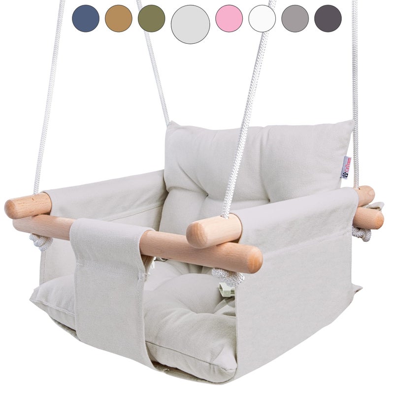 CaTeam - Canvas Baby Swing, Wooden Hanging Swing Seat Chair with Safety Belt, Durable Baby Swing Chair, Outdoor and Indoor Swing for Kids, Mounting Hardware Included, Gray - Image 1