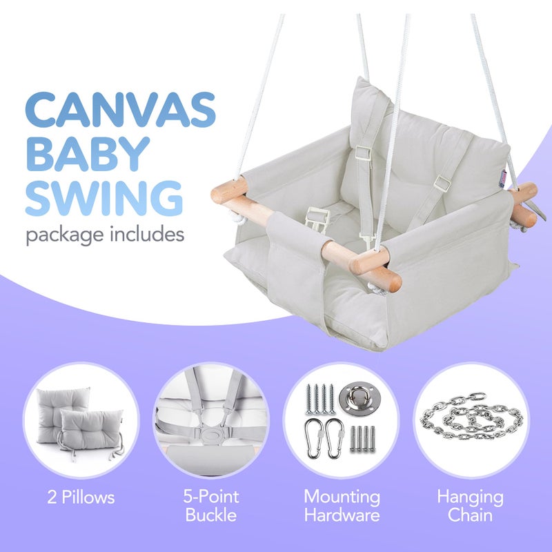 CaTeam - Canvas Baby Swing, Wooden Hanging Swing Seat Chair with Safety Belt, Durable Baby Swing Chair, Outdoor and Indoor Swing for Kids, Mounting Hardware Included, Gray - Image 3
