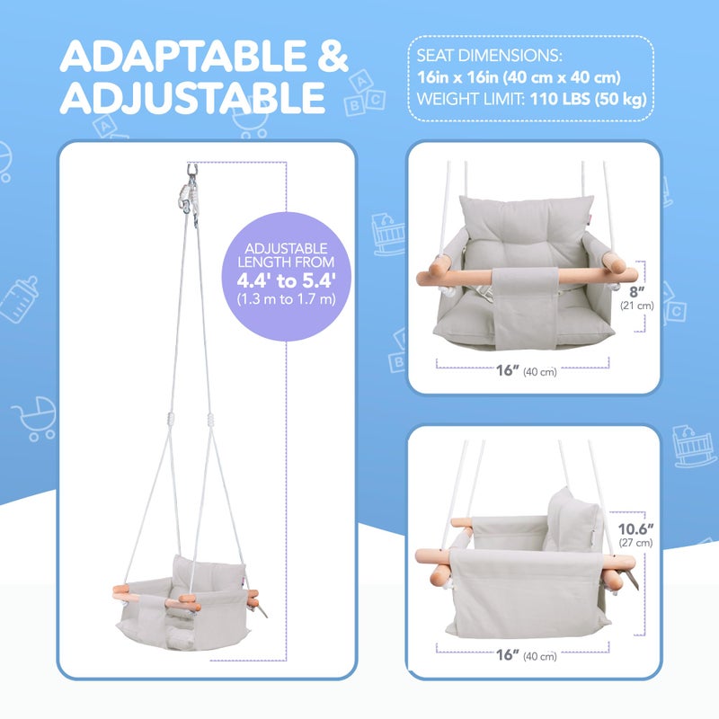 CaTeam - Canvas Baby Swing, Wooden Hanging Swing Seat Chair with Safety Belt, Durable Baby Swing Chair, Outdoor and Indoor Swing for Kids, Mounting Hardware Included, Gray - Image 4