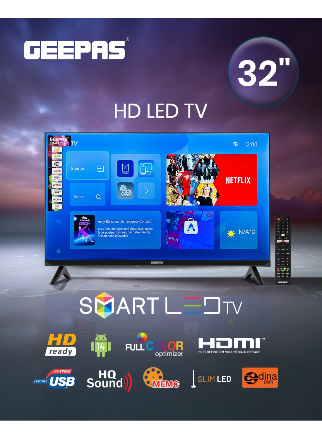 GEEPAS 32 Inch HD Smart LED TV With Remote Control HDMI & USB Ports GLED3202SCHD - Black