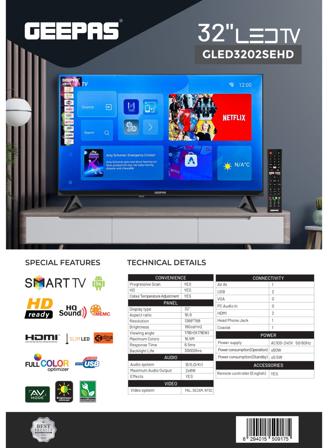 GEEPAS 32 Inch HD Smart LED TV With Remote Control HDMI & USB Ports GLED3202SCHD - Black