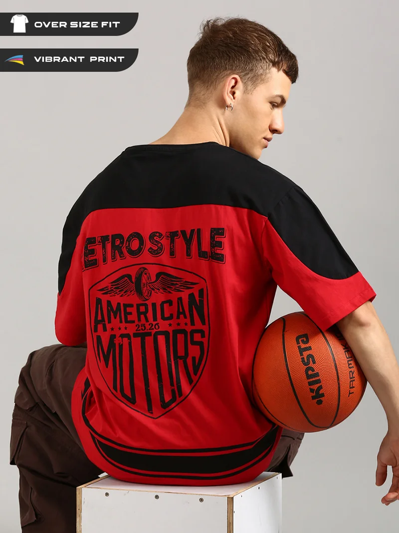 Joven Men Black and Red Printed Cut & Sew Pure Cotton Oversized T-Shirt
