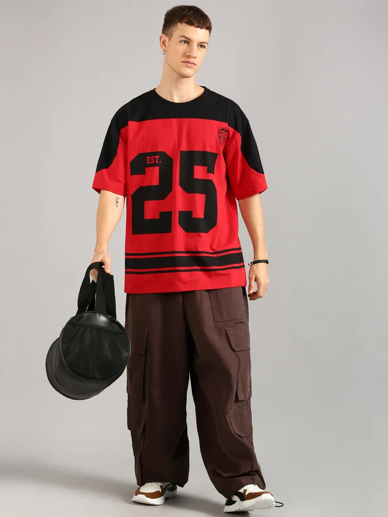 Joven Men Black and Red Printed Cut & Sew Pure Cotton Oversized T-Shirt
