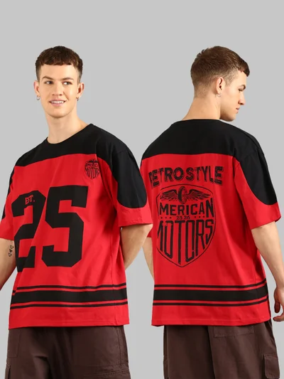 جوفن Men Black and Red Printed Cut & Sew Pure Cotton Oversized T-Shirt