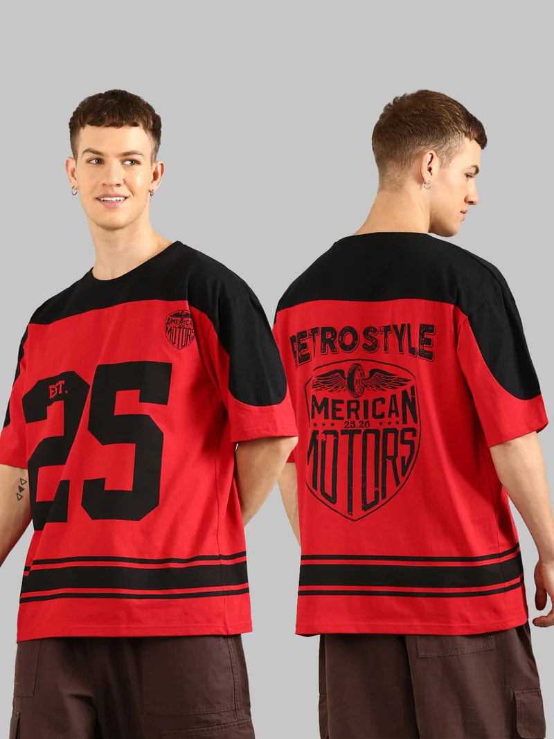 Joven Men Black and Red Printed Cut & Sew Pure Cotton Oversized T-Shirt