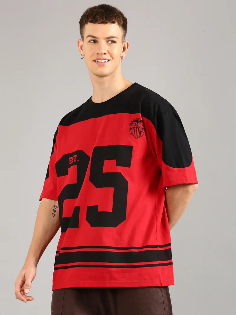 Joven Men Black and Red Printed Cut & Sew Pure Cotton Oversized T-Shirt