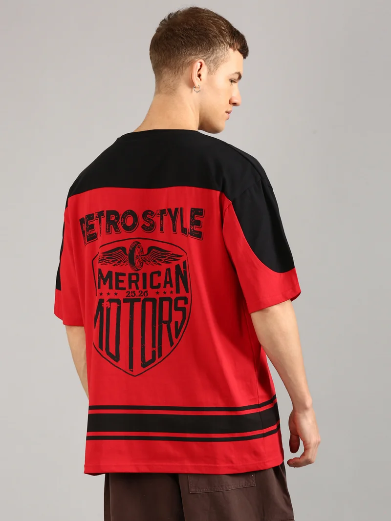 Joven Men Black and Red Printed Cut & Sew Pure Cotton Oversized T-Shirt