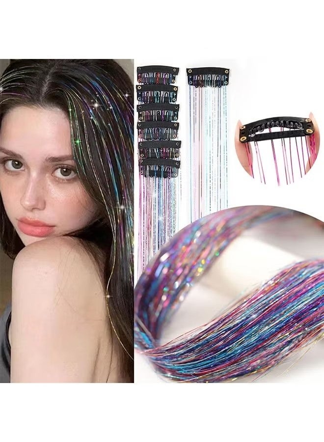 Hair Tinsel 12Pcs Clip in Rainbow Hair Accessories 20.5 Inch Fairy Hair Tinsel Kit for Women Girls Kids Glitter Extensions for New Year Party (Rainbow) - Image 2