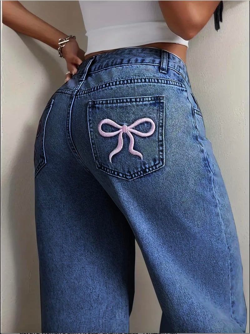 Nifty Women's Denim Stretchable High Waist Medium Wash Baggy Jeans (1477_BTA_26_Blue_26) || Back Pocket Bow tie Detail - Image 5